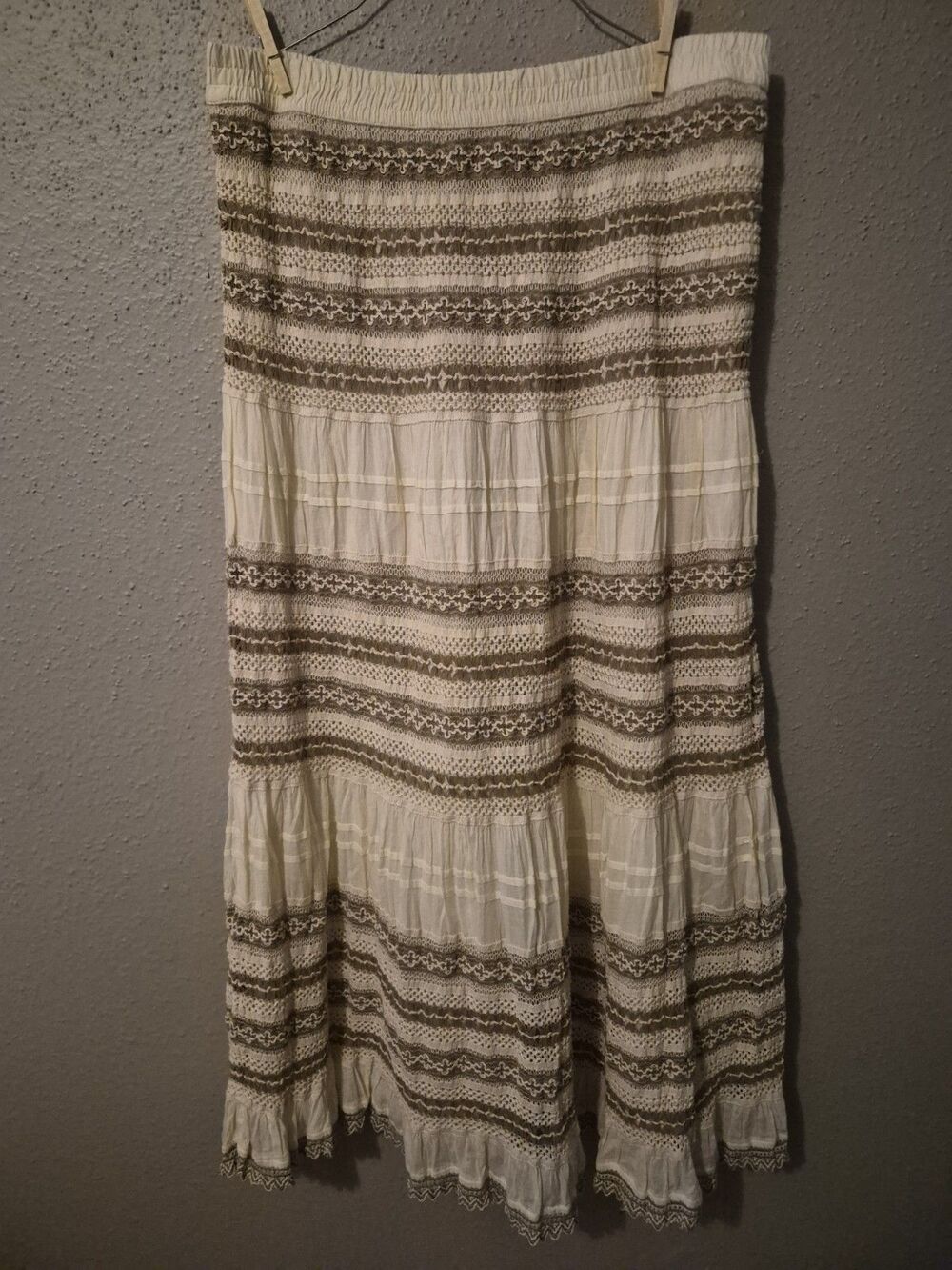 Chico's Crochet Tiered Midi Skirt Ivory Taupe Cotton 2, US 12 Boho Prairie Fairy - Picture 2 of 13